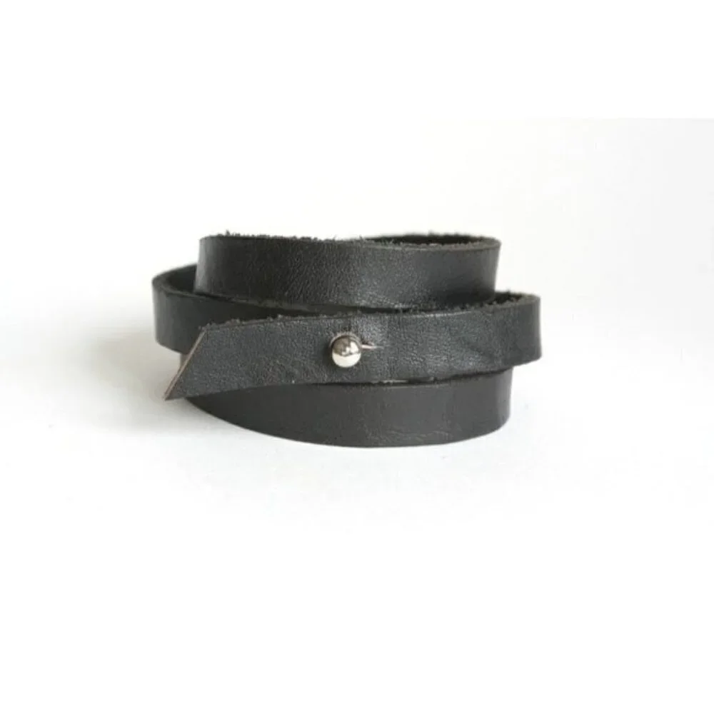Black Leather Triple Wrap Bracelet with Silvertone Stud Closure